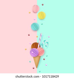 Ice cream cone, Background, 3D, Pastel. Abstract images of ice cream in paper cut style. Minimalist summer food concept. Vector illustration