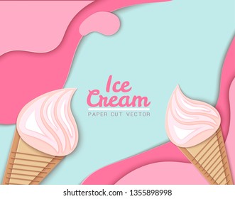 Ice cream cone, Background, 3D, Pastel. Abstract images of ice cream in paper cut style. Minimalistic summer food concept. Vector illustration