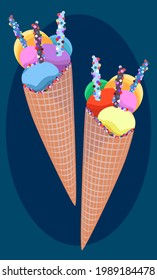 Ice cream cone. Ice cream balls in a waffle cup