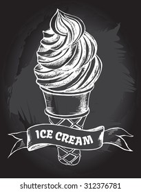 Ice cream cone and banner. Hand drawn vector Illustration. Menu template. Poster on a blackboard.