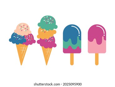 ice cream cone and bar.  colorful icecream isolate on white background. vector illustration.