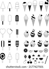 Ice cream cone and bar. monochromatic icecream isolate on white, vector illustration