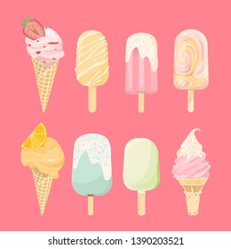 ice cream cone and bar. pastel and colorful icecream isolate on pink. vector illustration
