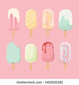 ice cream cone and bar. pastel and colorful icecream isolate on pink. vector illustration