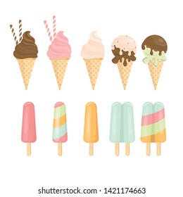 ice cream cone and bar. pastel and colorful icecream isolate on pink. vector illustration