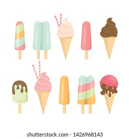 ice cream cone and bar. pastel and colorful icecream isolate on pink. vector illustration