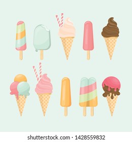 ice cream cone and bar. pastel and colorful icecream isolate on pink. vector illustration