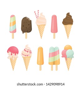 ice cream cone and bar. pastel and colorful icecream isolate on pink. vector illustration