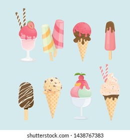 ice cream cone and bar. pastel and colorful icecream isolate on pink. vector illustration