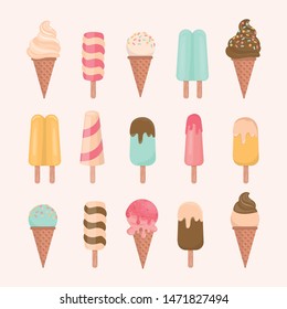 ice cream cone and bar. pastel and colorful icecream isolate on pink. vector illustration