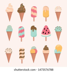 ice cream cone and bar. pastel and colorful ice cream isolate on pink. vector illustration