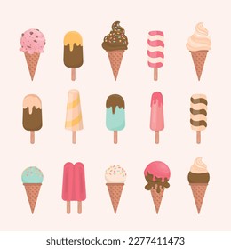 ice cream cone and bar. pastel and colorful icecream isolate on pink. vector illustration