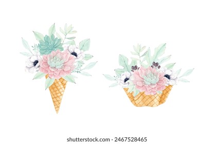 Ice cream cone with beautiful succulent and anemone flowers, Watercolor Floral Ice Cream