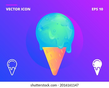Ice cream cone with Big Mint fruit ball in a waffle cup. Big gradient vector detailed teaser and two flat line vector ice-cream icons. Summer trendy themed set.