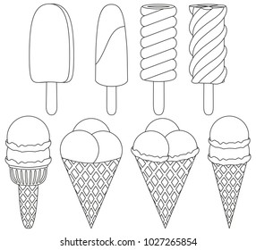 Ice Cream Cone Black And White Icon Set 8 Elements. Coloring Book Page For Adults And Kids. Summer Fast Food Vector Illustration For Gift Card, Flyer, Certificate Or Banner, Icon, Logo, Patch, Sticker