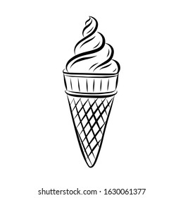 ice cream in a cone. Black-white vector illustration. Element is drawn by hand and isolated on white. Frozen fashion dessert treat. Can be used to design menus, print on posters, t-shirts.