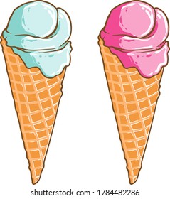 Ice cream cone blue and pink on a white background in vector graphics.