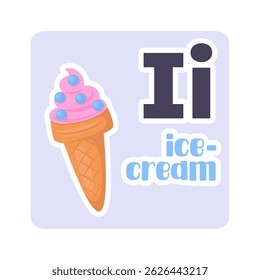 Ice cream cone with blue and pink frosting and the letters I. English alphabet. Vector illustration in a flat style