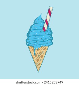 Ice cream cone blue with wafer roll topping