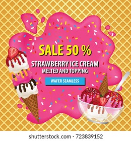 Ice cream cone , bowl and melted on waffle seamless background vector illustration