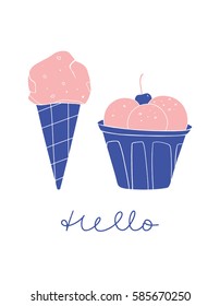 Ice Cream Cone And Ice Cream Bowl Vector Illustration. Summer Hand Drawn Design