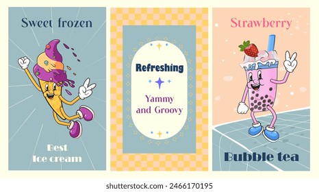 Ice cream cone and bubble tea characters on funky artwork print. vintage color background. Trippy sweet treat mascots on poster set. Groovy hippie style dessert on vibrant multicolor backdrops