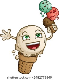 Ice cream cone cartoon character in vanilla flavor holding a waffle cone full of chocolate, mint and strawberry scoops of ice cream and laughing with arms outstretched