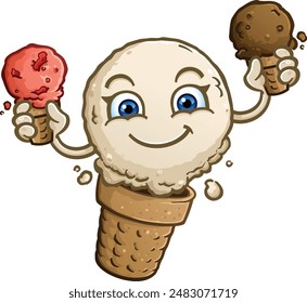 Caricatura de cono de helado en sabor vainilla sosteniendo dos conos de gofre llenos de fresa y chocolate suave sirven para hacer el trío napolitano