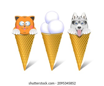 Ice cream in a cone, cartoon heads of a fat ginger smiling cat and a kind husky dog in glasses on a white background with shadows