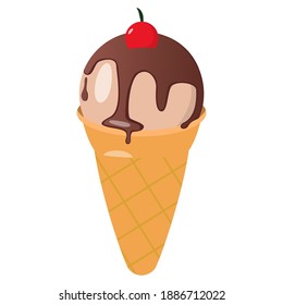 Ice cream cone cartoon icon. Ice cream in waffle cone with chocolate and cherry on isolated white background. Vector EPS10 illustration