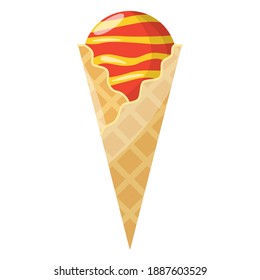 Ice cream cone cartoon icon. Red and yellow ice cream in waffle cone on isolated white background. Vector EPS10 illustration