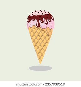 ice cream cone cartoon icon illustration with chocolate topping