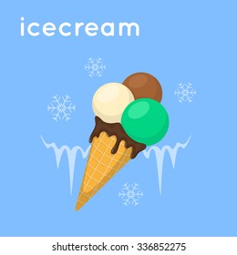 Ice cream in a cone. Cartoon simple illustration. Vector dessert and word. 