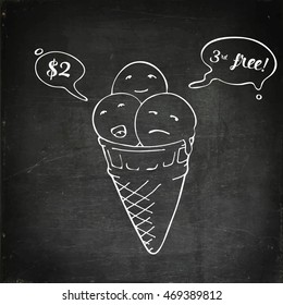 Ice cream cone. Cartoon ice cream with Speech bubbles. Hand drawn vector stock illustration. Chalk board drawing.