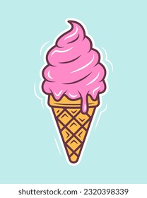 Ice cream cone cartoon style. Vector illustration isolated on a blue background