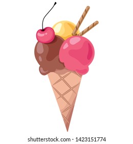 Ice cream cone with cherries and chocolate sticks. Sweet, colorful ice cream balls. Summer dessert. Vector illustration.