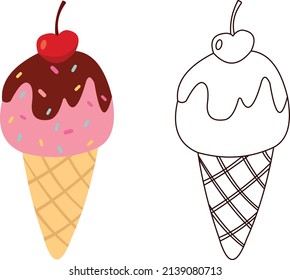 ice cream cone with cherries and chocolate in a waffle cone