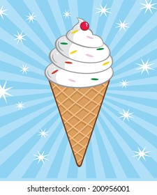 Ice Cream Cone With Cherry And Background. Vector Illustration 