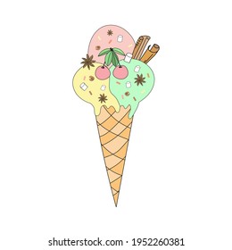 Ice cream cone with cherry and cinnamon. Vector illustration in doodle style with colored balls for textile, prints, stickers, posters, postcards, menu design, cafe interior.