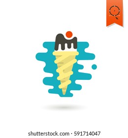 Ice Cream in a Cone with a Cherry. Dessert Icon in Simple, Minimalistic and Modern Flat Design Style for Candy Shop. Colorful