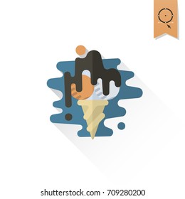Ice Cream in a Cone with a Cherry. Dessert Icon in Simple, Minimalistic and Modern Flat Design Style for Candy Shop. Retro Color. Long Shadow