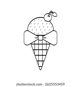 ice cream cone with cherry on top and coquette bows outlne art for coloring book and coloring page for kids