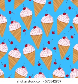 Ice cream cone with cherry. Seamless pattern. Vector illustration.