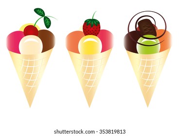 Ice cream cone with cherry and strawberry and chocolate