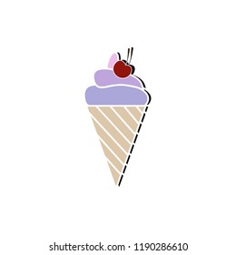 Ice cream cone with cherry. Sweet cold dessert icon.
