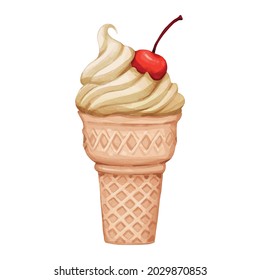 Ice cream cone and cherry toppings vector illustration with texture paper pattern, Isolated on white wallpaper background , This design can be used as a cute background and used as part of a design.