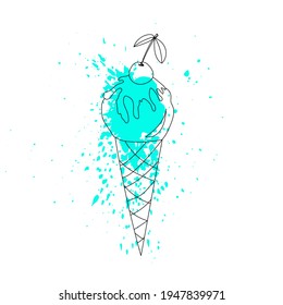 Ice cream cone with cherry. Vector illustration in line art style with mint paint splash for textile, prints, stickers, posters, postcards, menu design, cafe interior.