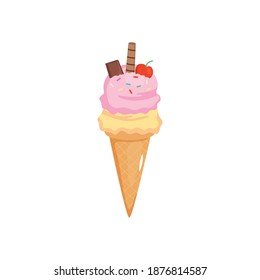 ice cream cone with cherry and wafer stick over white background, colorful design, vector illustration