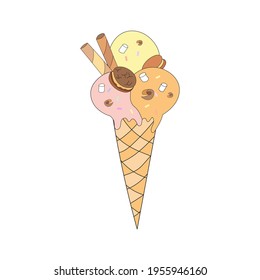 Ice cream cone with choco chip cookies, wafer rolls and marshmallow. Vector illustration in doodle style with colored balls for textile, prints, stickers, posters, postcards, menu design, cafe