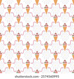 Ice cream cone, choco rainbows with doodle fireworks on white background. Vector.